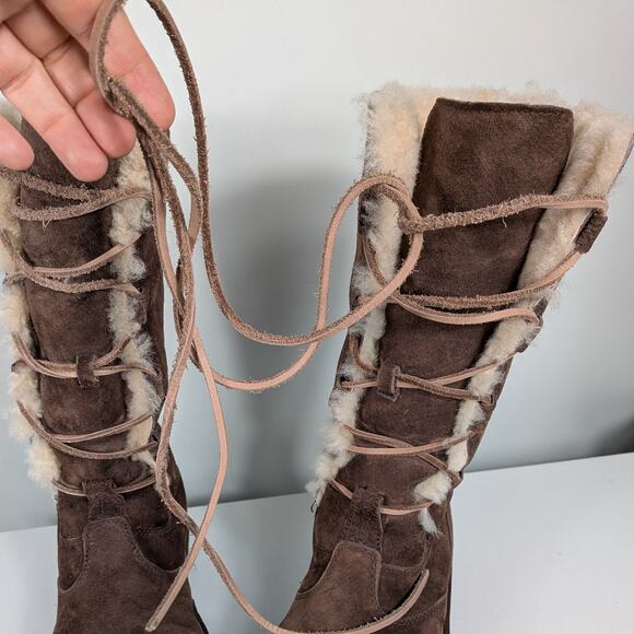 Ugg Tall Lace Up Boots 8 Brown Suede Whitley  Boho Shearling Fur Knee Sheep Ski - Picture 9 of 13
